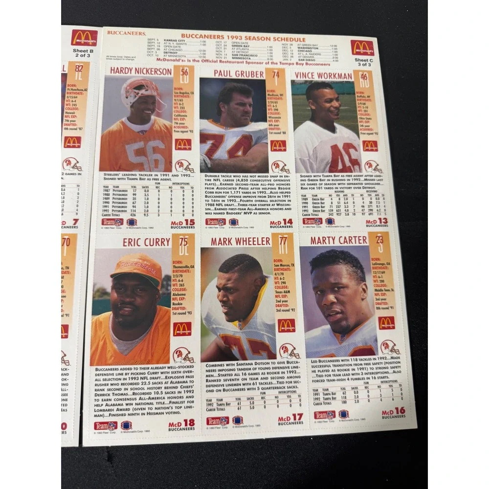 McDonalds 1993 Buccaneers GameDay Cards Set 3‎ Sheets Orange Vintage NFL